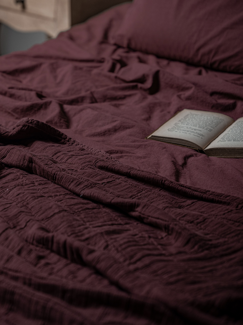 Livre ouvert sur couverture de lit bordeaux.