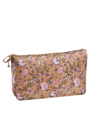 Trousse matelassée jaune à motif floral rose